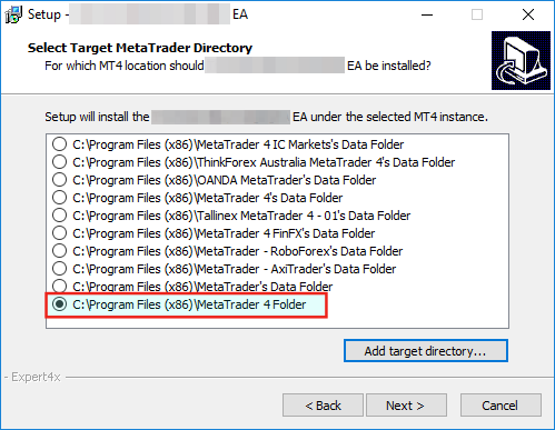 Select target directory window